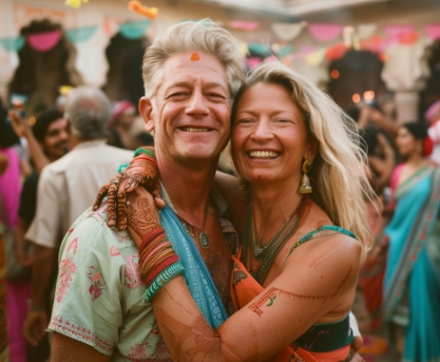 an older couple hugging and smiling.