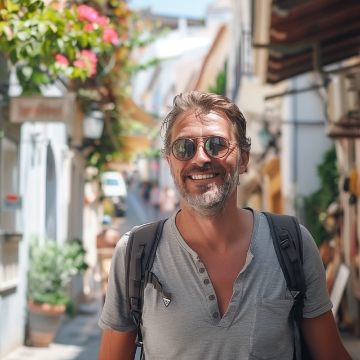 a man smiling while walking in a street.