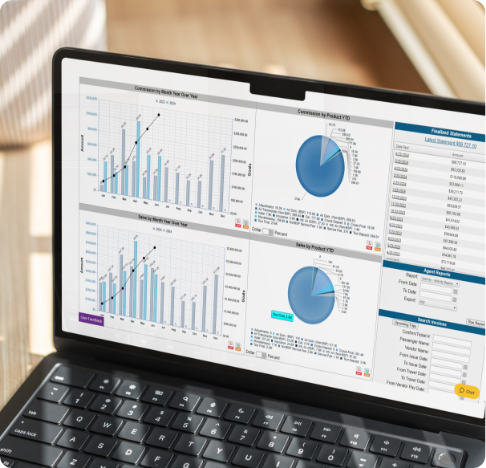 a laptop with charts on the screen.